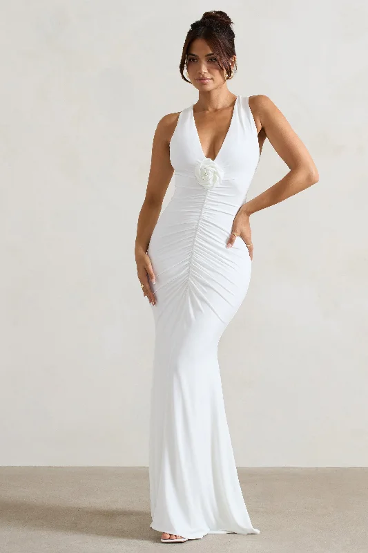 Julianna | White Plunge-Neck Ruched Maxi Dress With Corsage Trendy Maxi Dress with Lace