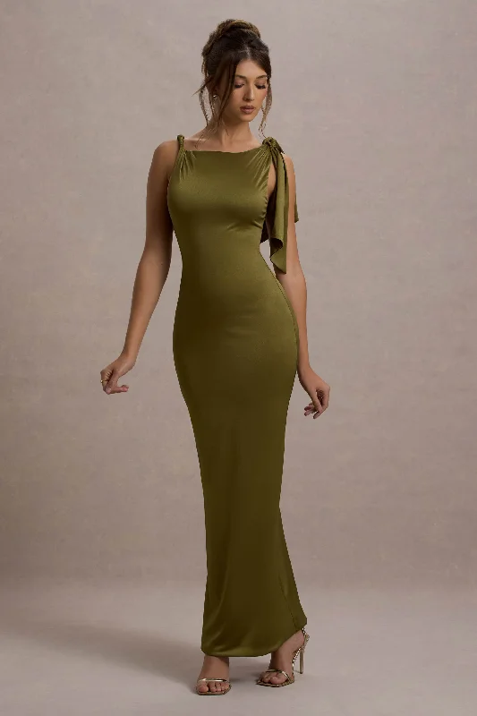 Kacey | Olive Twisted Knot Maxi Dress Trendy Maxi Dress with Belt