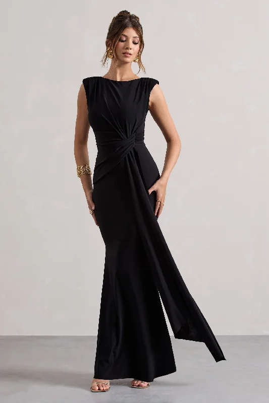 Kadie | Black Sleeveless Gathered Maxi Dress With Drape Fashionable Sheer Maxi Dress