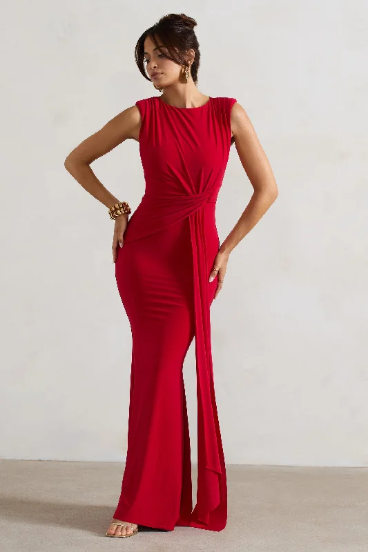 Kadie | Red Sleeveless Gathered Maxi Dress With Drape Fashionable Chiffon Tiered Maxi Dress