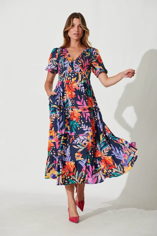 Kami Maxi Dress In Navy With Bright Leaf Print Comfortable Bohemian Maxi Dress