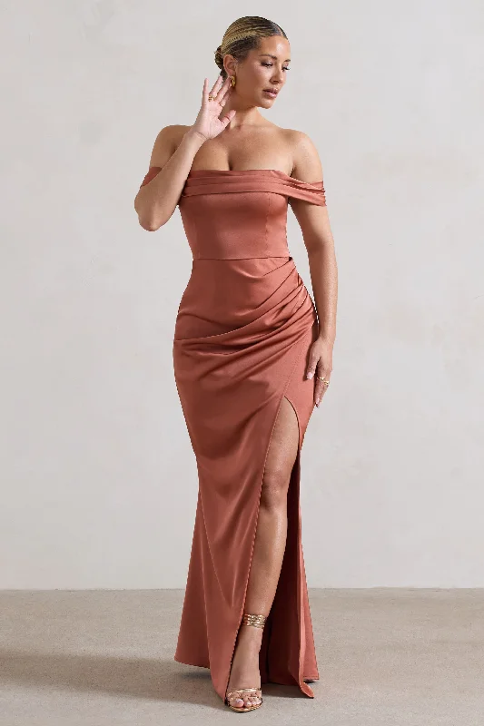 Katia | Rust Satin Bardot Fishtail Maxi Dress Comfortable Maxi Dress with Slits