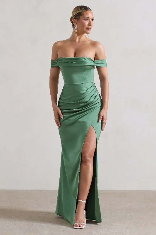 Katia | Soft Green Satin Bardot Fishtail Maxi Dress Stylish Long Sleeve Maxi Dress