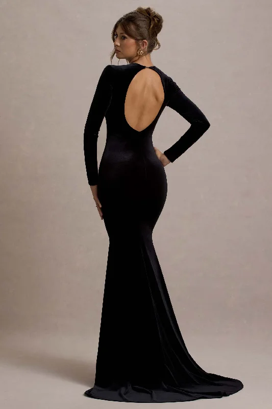 Keaton | Black Velvet Long-Sleeve Open-Back Maxi Dress Stylish Maxi Dress with Frills