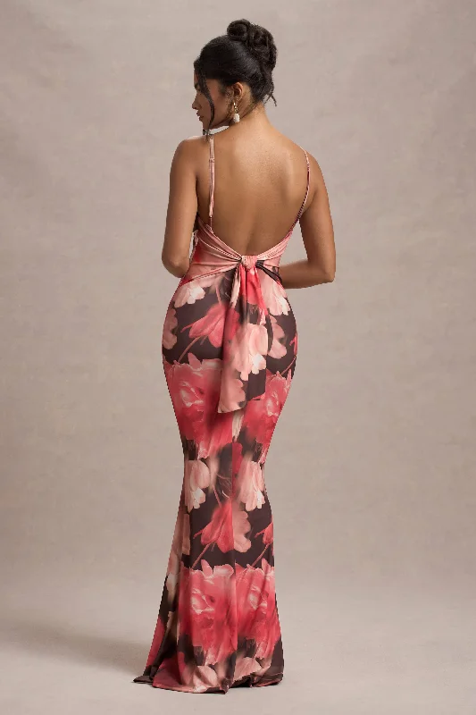 Kelila | Red Floral Print Strappy Open-Back Split Maxi Dress Comfortable Fitted Maxi Dress