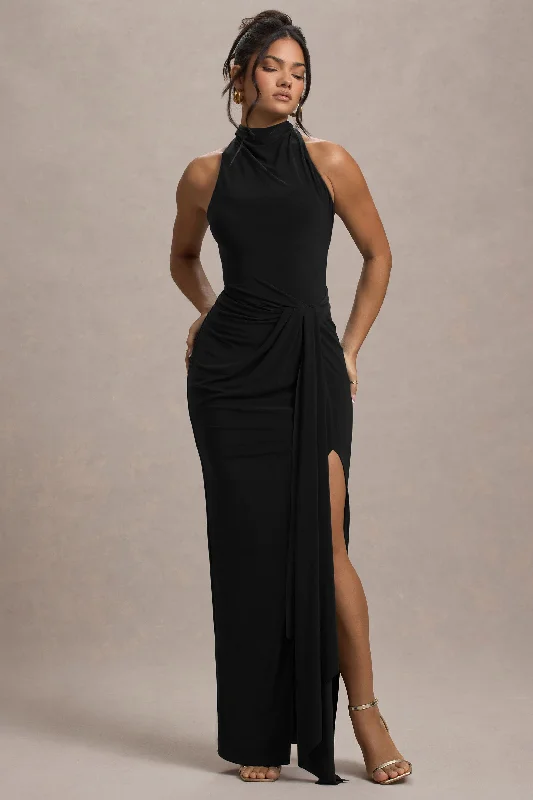 Khari | Black High-Neck Twisted Maxi Dress With Drape Stylish Maxi Dress with Pleats