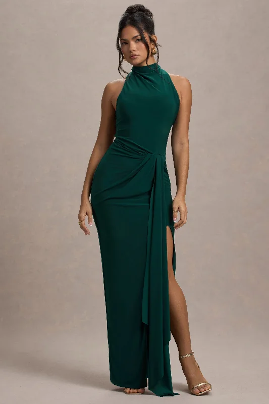 Khari | Bottle Green High-Neck Twisted Maxi Dress With Drape Casual Maxi Dress with Pockets