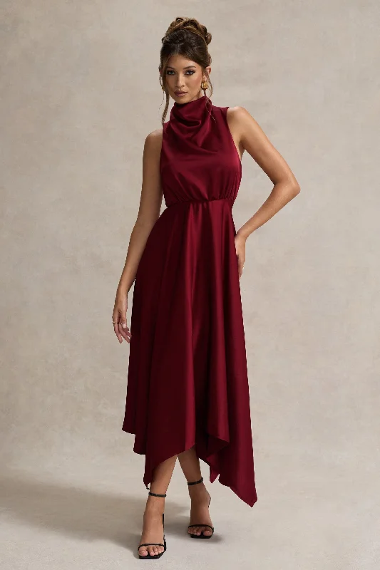 Kerri | Berry Satin Cowl-Neck Maxi Dress Cozy Knit Maxi Dress