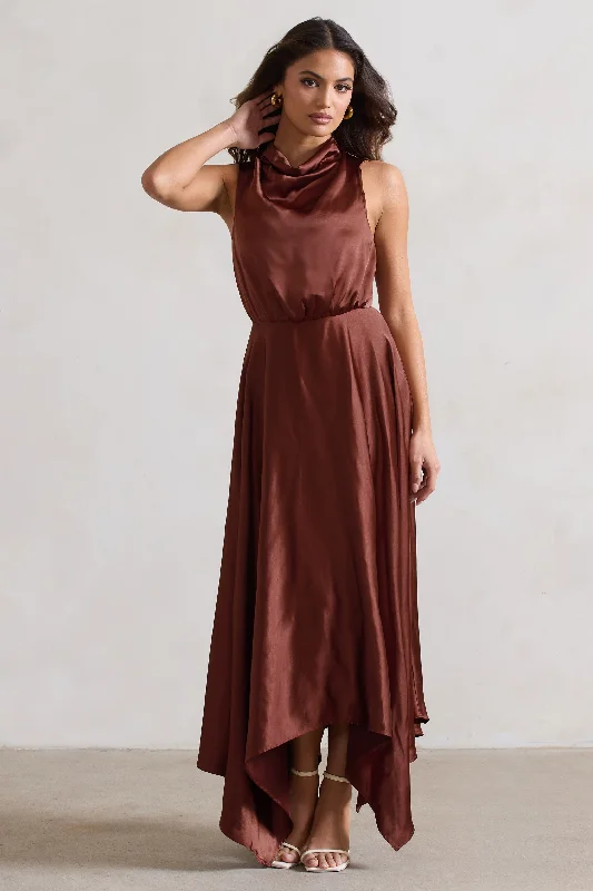 Kerri | Chocolate Brown Satin Cowl-Neck Maxi Dress Stylish Button-Up Maxi Dress