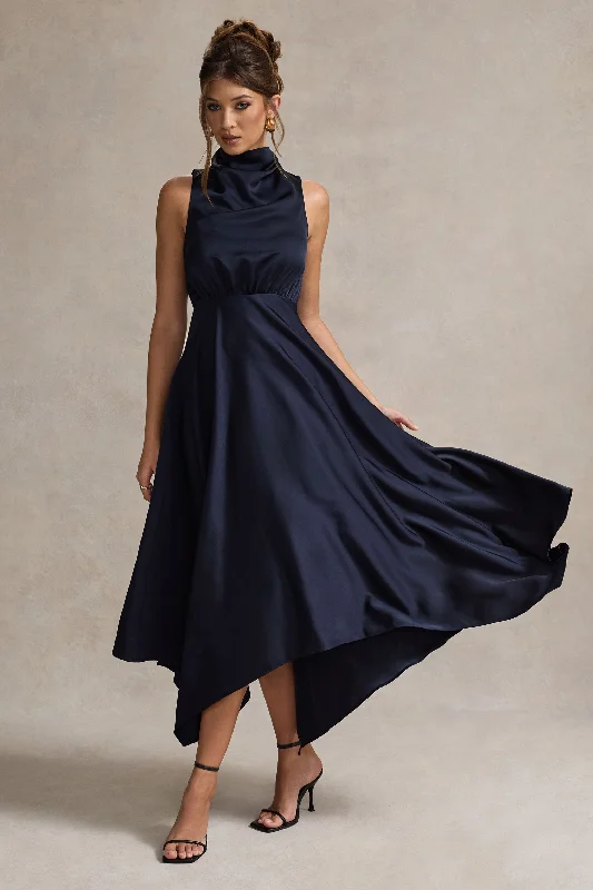 Kerri | Navy Satin Cowl-Neck Maxi Dress Comfortable Long-Sleeve Maxi Dress