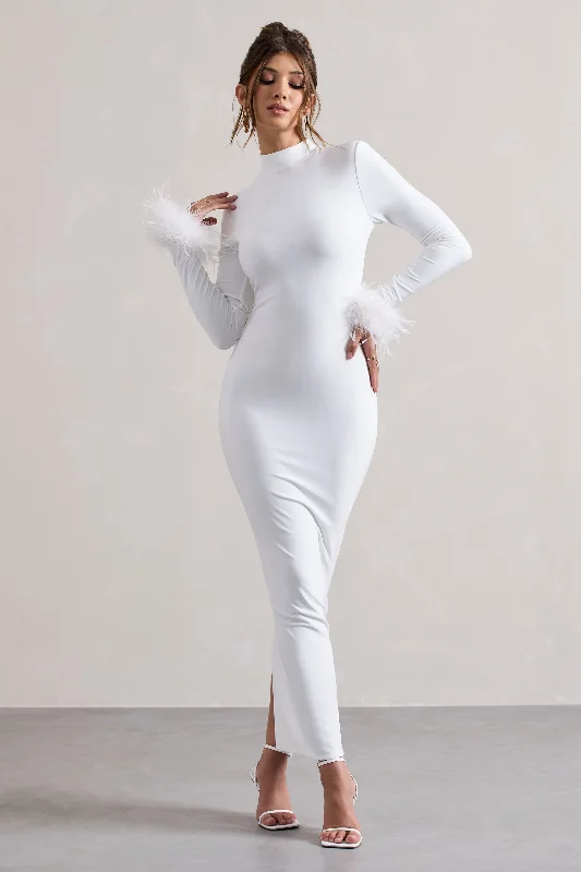 Khalia | White High-Neck Feather-Cuff Maxi Dress Cozy Longline Maxi Dress