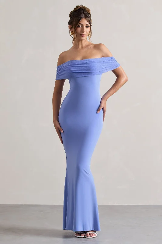 Kiana | Pale Blue Bardot Maxi Dress Comfortable Long-Sleeve Maxi Dress