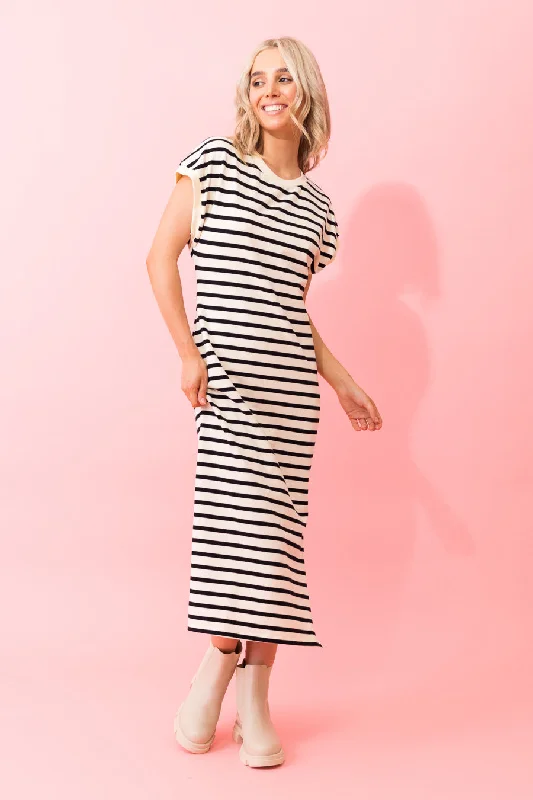 Kylee Maxi Dress Cotton Stripe Trendy Off-Shoulder Ruffle Maxi Dress