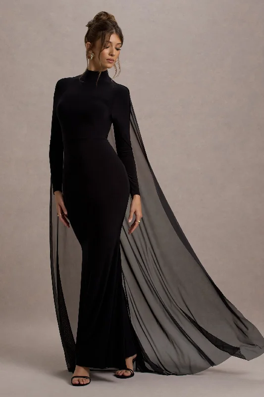 La Nuit | Black High-Neck Long-Sleeve Maxi Dress With Cape Cozy Longline Maxi Dress