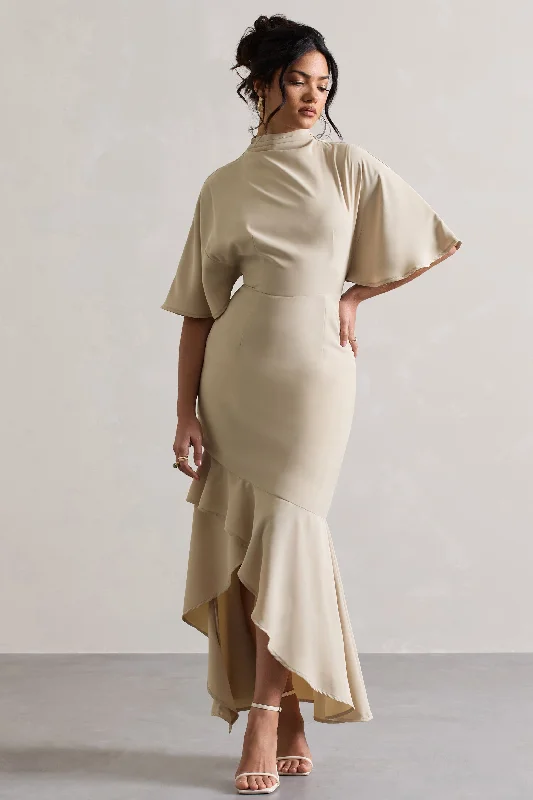 Lavinia | Champagne High-Neck Flutter-Sleeve Asymmetric Maxi Dress Comfortable Fit-and-Flare Maxi Dress