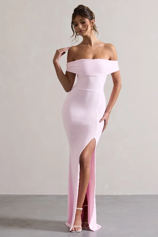 Law of Attraction | Pink Bardot Draped Split Maxi Dress Classic A-Line Maxi Dress