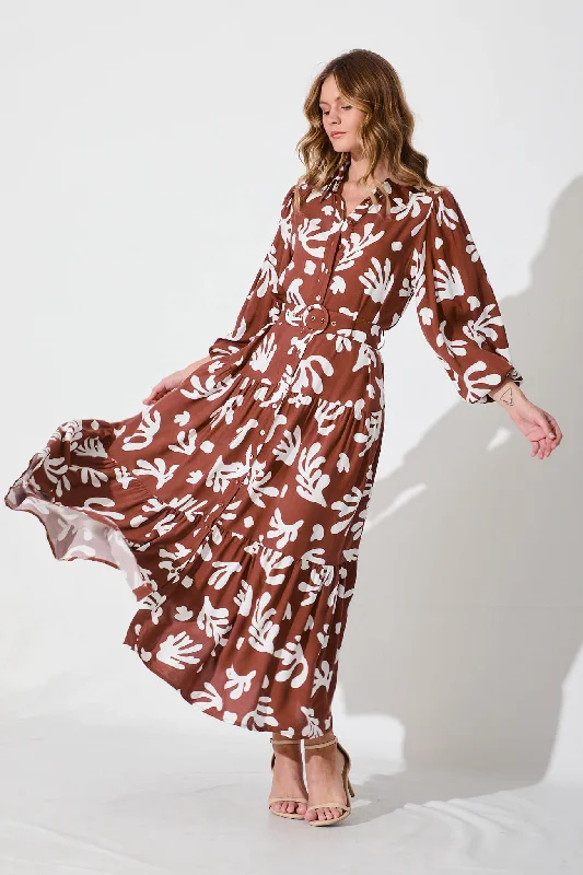 Linden Maxi Dress In Chocolate With White Print Comfortable Ruffle Maxi Dress