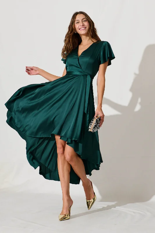 Loulou Maxi Dress In Emerald Satin Stylish One-Shoulder Maxi Dress