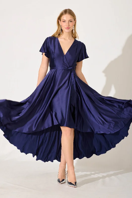 Loulou Maxi Dress In Navy Satin Elegant Pleated Maxi Dress