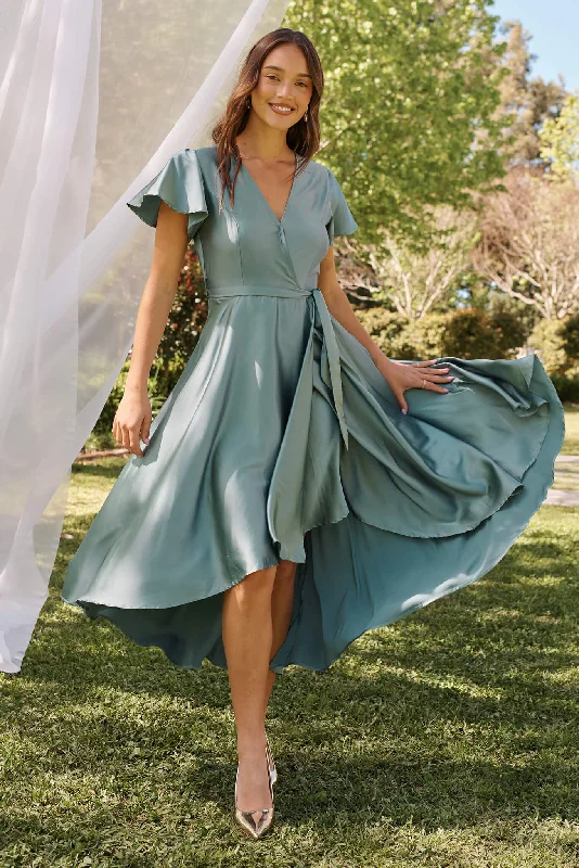 Loulou Maxi Dress In Sage Green Satin Elegant Pleated Maxi Dress