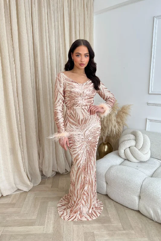 Luminous Rose Gold Luxe Hourglass Embellished Sequin Long Sleeve Feather Cuff Maxi Dress Elegant Maxi Dress with Drapes