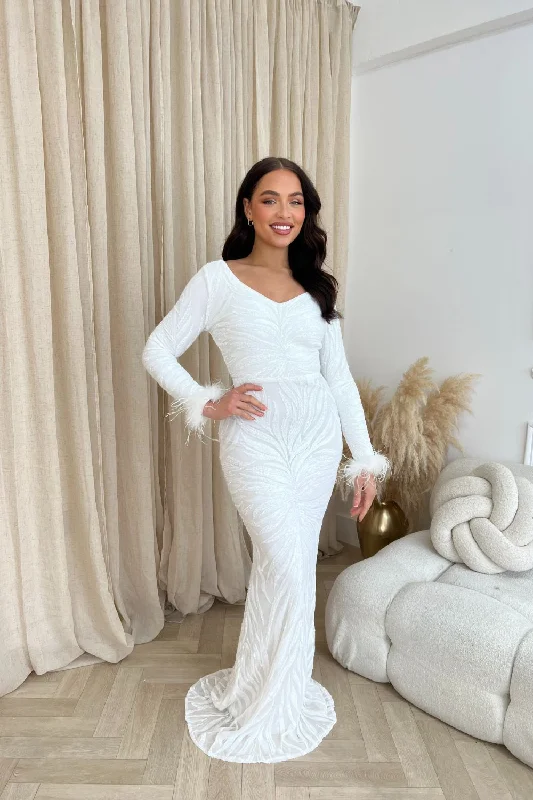 Luminous White Luxe Hourglass Embellished Sequin Long Sleeve Feather Cuff Maxi Dress Fashionable Sheer Maxi Dress