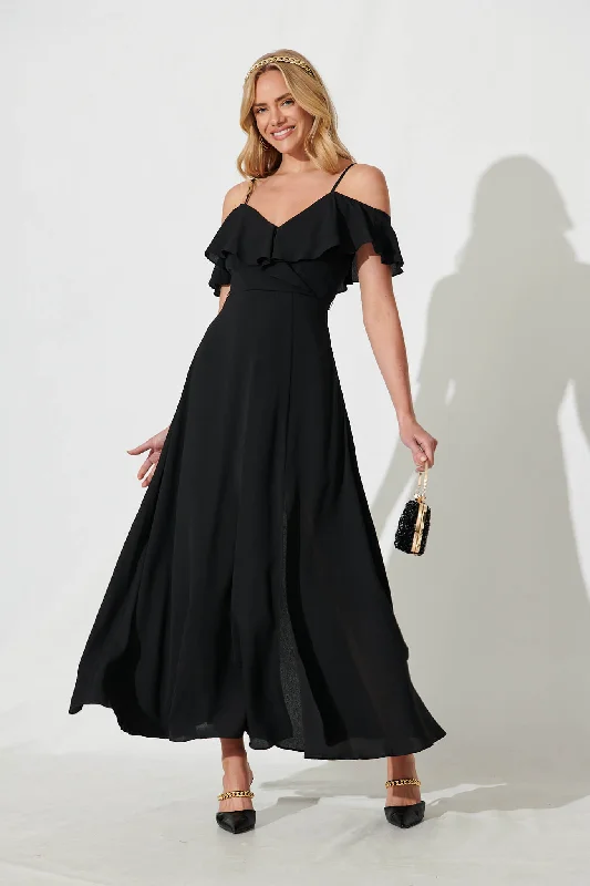 Marit Maxi Dress In Black Stylish Maxi Dress with Frills