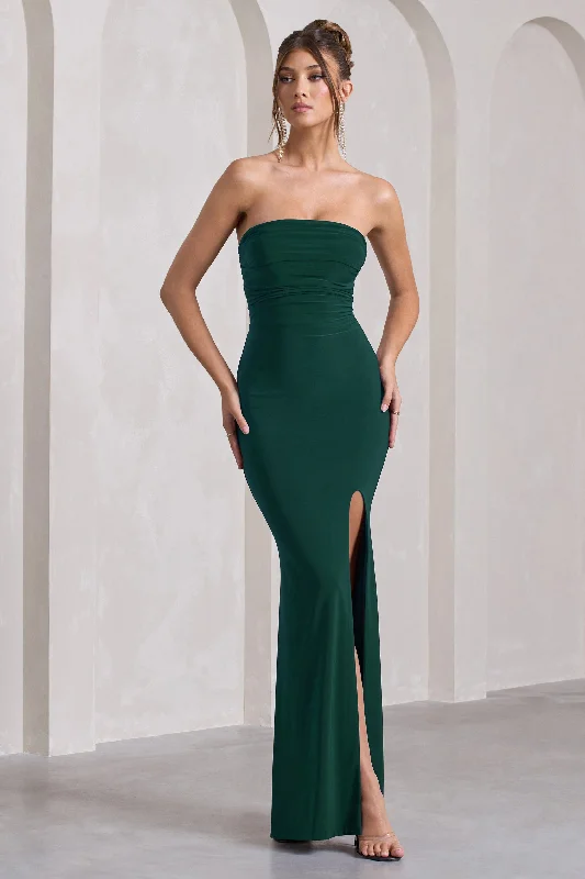 Midnight Calling | Bottle Green Bandeau Split Lace-Up Maxi Dress Elegant Maxi Dress with Slit