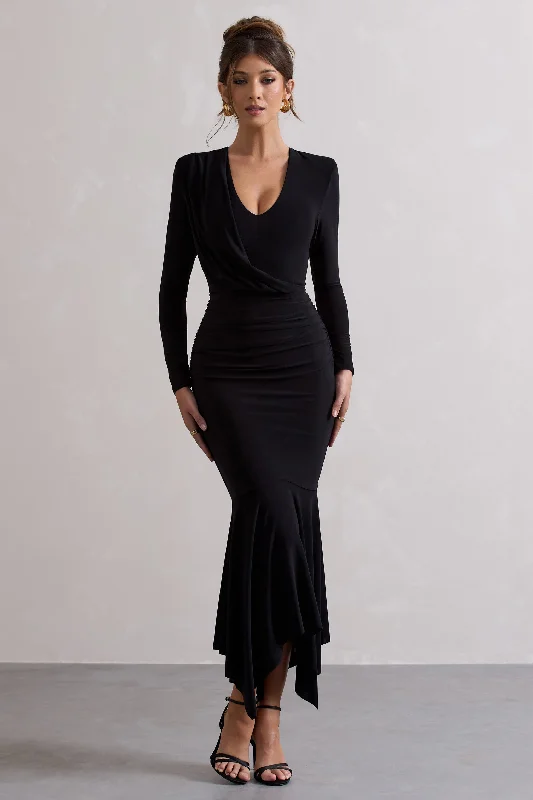 Milena | Black Plunge-Neck Maxi Dress With Draped Hem Cozy Spaghetti Strap Maxi Dress