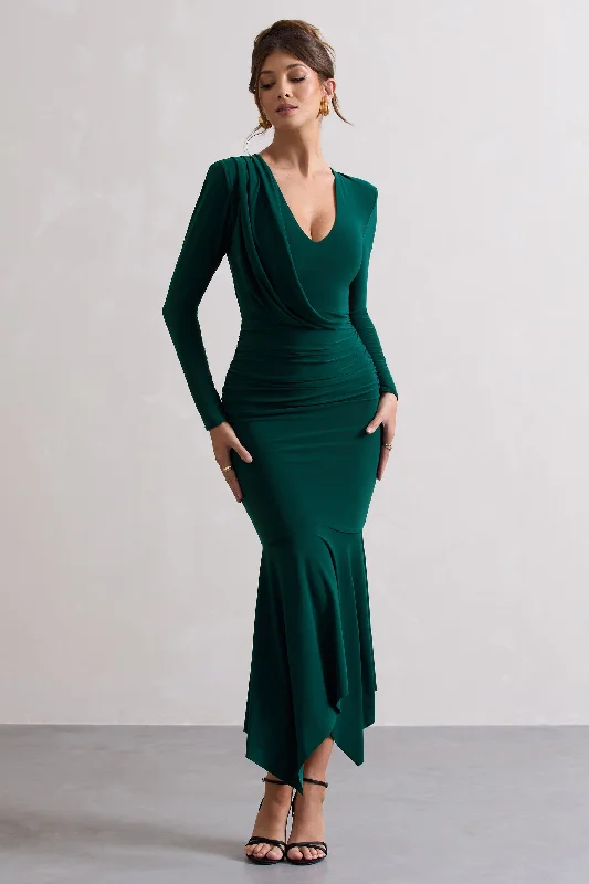 Milena | Bottle Green Plunge-Neck Maxi Dress With Draped Hem Cozy Knit Maxi Dress