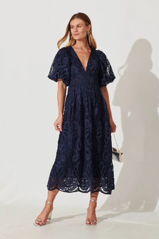 Millie Lace Maxi Dress In Navy Stylish Button-Up Maxi Dress