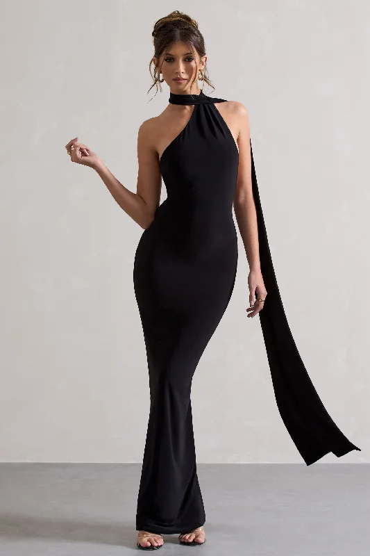 Miss | Black One Shoulder Backless Maxi Dress With Scarf Elegant Floral Maxi Dress