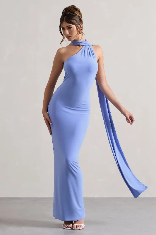 Miss | Pale Blue One Shoulder Backless Maxi Dress With Scarf Comfortable Long-Sleeve Maxi Dress