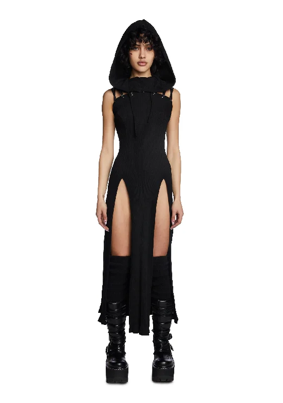 Modulation Black Hooded Maxi Dress Elegant Maxi Dress with Belt