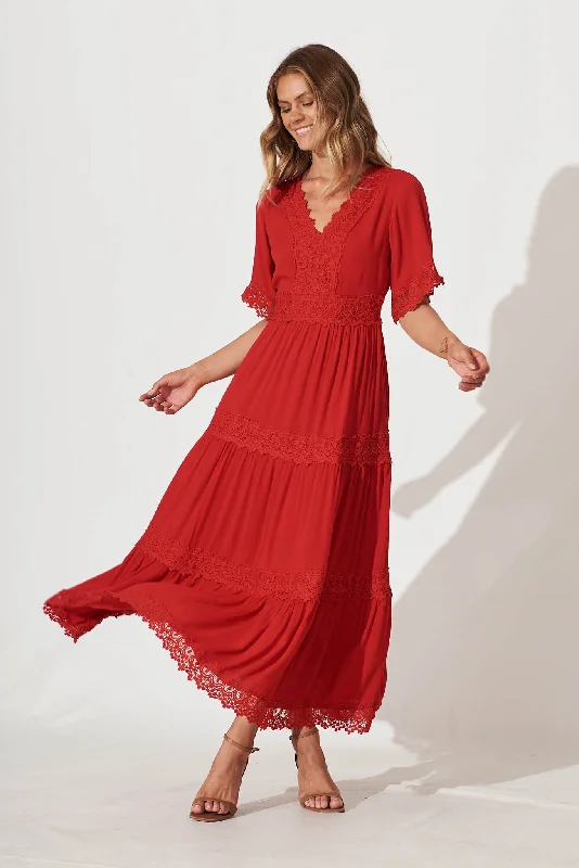 Mona Maxi Dress In Red Fashionable Button-Down Maxi Dress