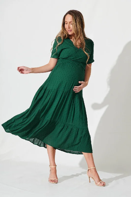 Morrison Maxi Dress In Emerald Swiss Dot Trendy Maxi Dress with Bow