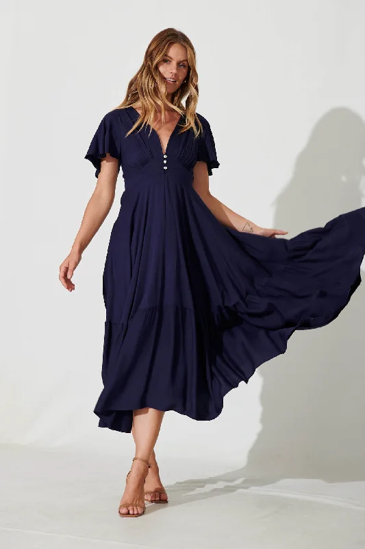 Nevada Maxi Dress In Navy Classic V-Neck Maxi Dress