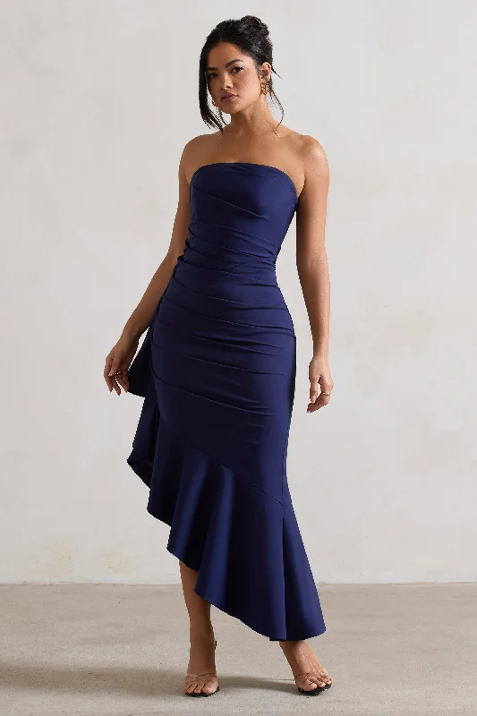 New Age | Navy Strapless Asymmetric Ruffled Maxi Dress Elegant Velvet Maxi Dress