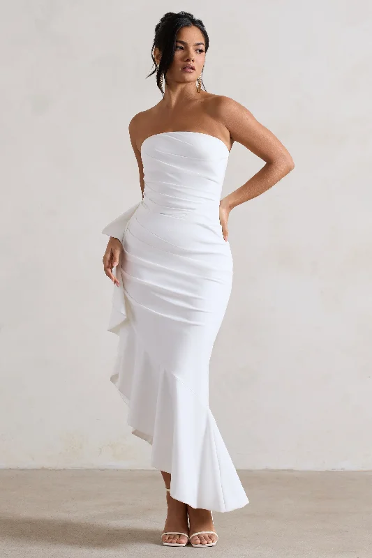 New Age | White Strapless Asymmetric Ruffled Maxi Dress Cozy Maxi Dress with Slit