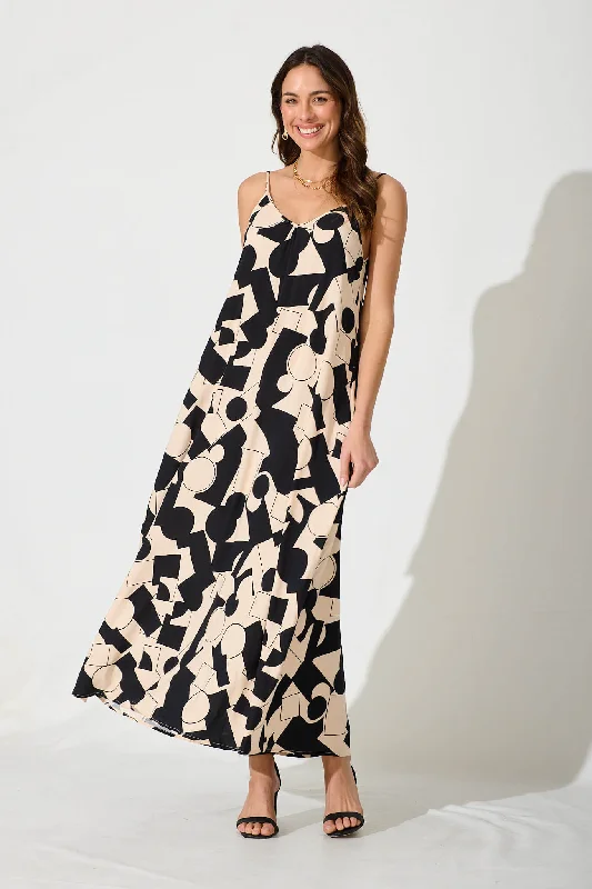 No Scrubs Maxi Dress In Cream With Black Geometric Print Chic Off-Shoulder Maxi Dress