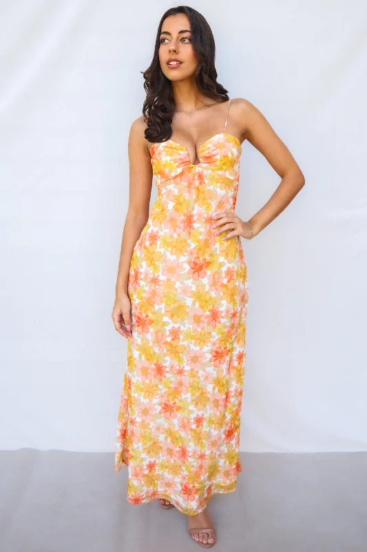 Nova Maxi Dress - Yellow Floral Elegant Maxi Dress with Drapes