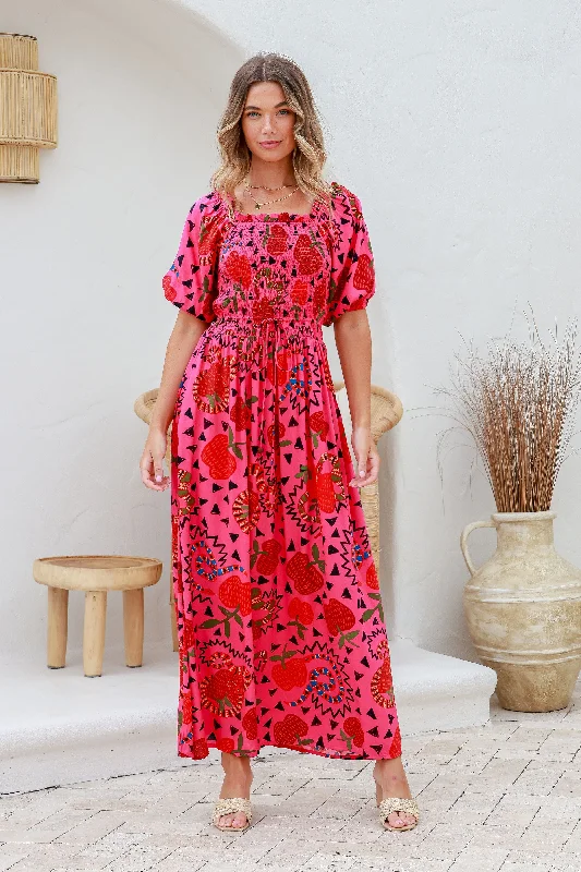 Rio Shirred Maxi Dress - Raspberry Comfortable Maxi Dress with Belt