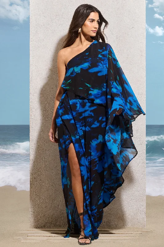 Ripple | Navy Floral Print Chiffon Oversized Asymmetric Maxi Dress Casual Maxi Dress with Pockets