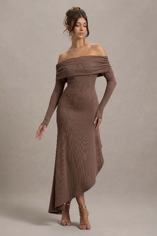 Romina | Mocha Rib Knit Bardot Maxi Dress With Asymmetric Hem Elegant Lace-Up Maxi Dress