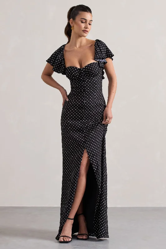 Signorina | Black Polka Dot Buttoned Maxi Dress With Flounced Short Sleeves Elegant Wraparound Maxi Dress