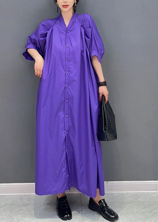 Stylish Purple V Neck Puff Sleeve Cotton Maxi Dresses Stylish Empire Waist Maxi Dress