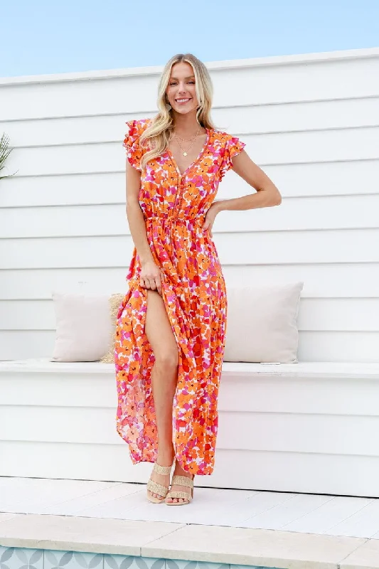 Sunburst Maxi Dress - Flower Fashionable Halter Neck Maxi Dress