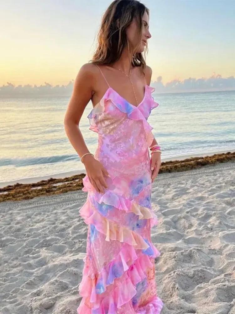 Tiered Ruffles Flower Print Maxi Dress: Boho Chic Beach Elegance Cozy Cold-Shoulder Maxi Dress