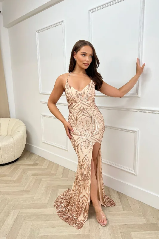 Unapologetic Rose Gold Luxe Sequin Embellished Rhinestone Jewelled Straps Slit Maxi Dress Trendy V-Neck Maxi Dress