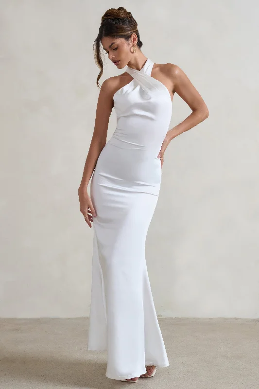 Unbeatable | White Satin Cross Over Halter-Neck Maxi Dress Trendy Short Sleeve Maxi Dress